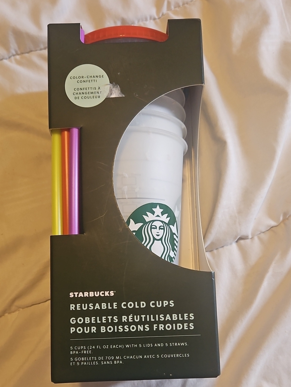 Starbucks White Reusable Cold Cup Set with Multicolor Confetti Straws